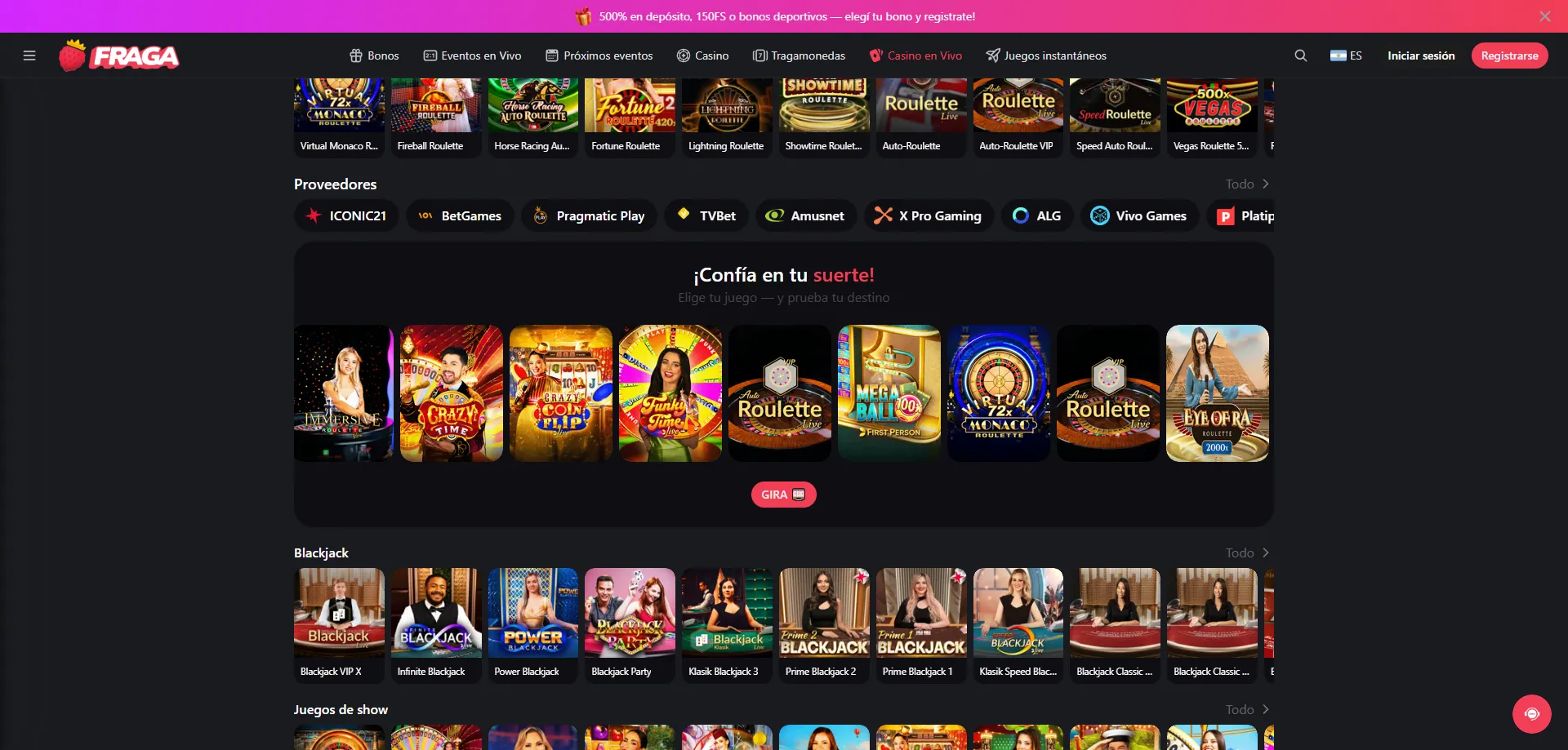 Casino en vivo de Fraga Casino — más de 300 mesas con crupieres reales